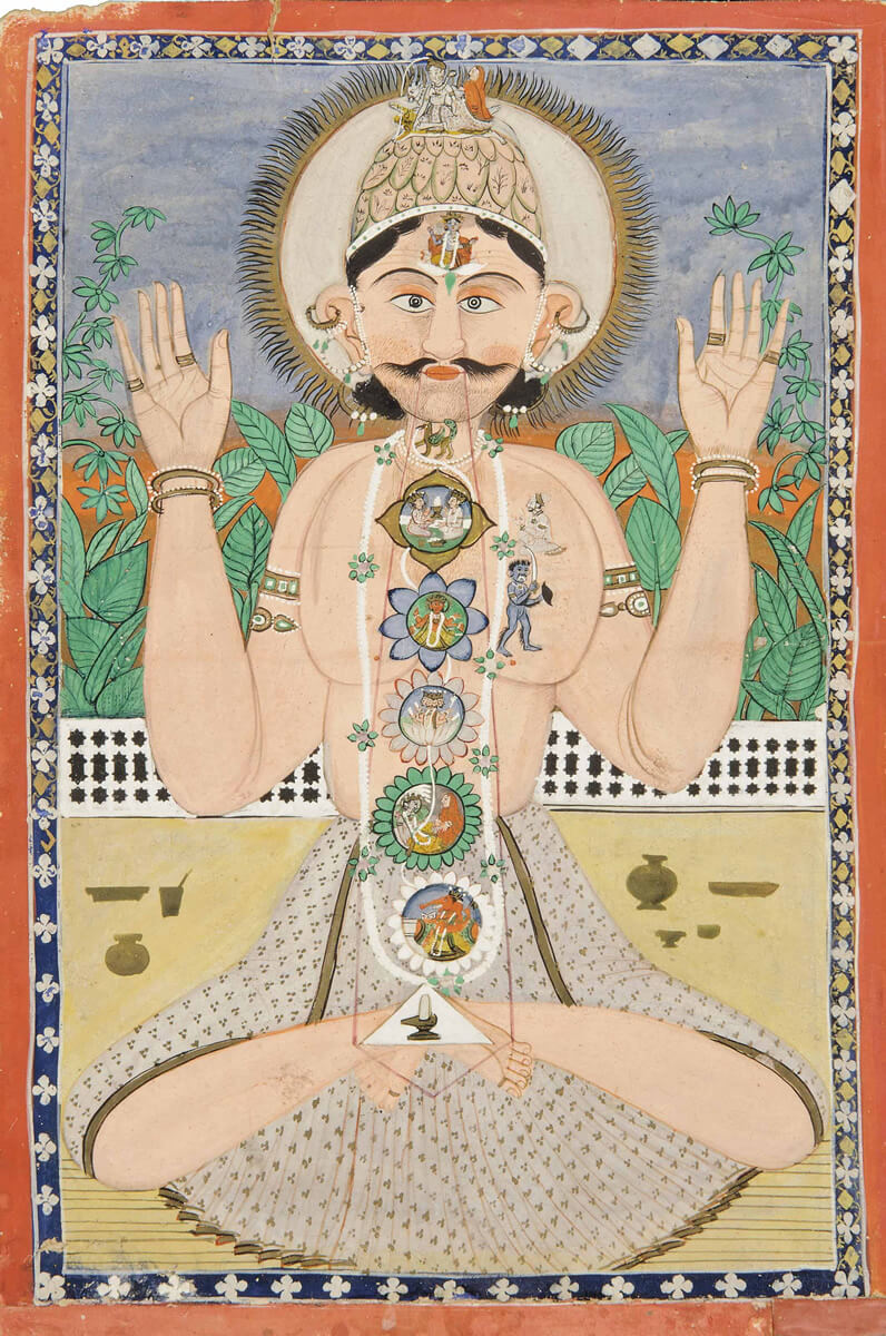 Traditional Indian painting of a yogi in meditation showing the seven chakras and subtle energy channels.